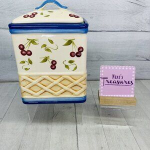 Inspirado CHERRIES Hand Painted Basket Weave Large Stonelite Clay 10" Cookie Jar